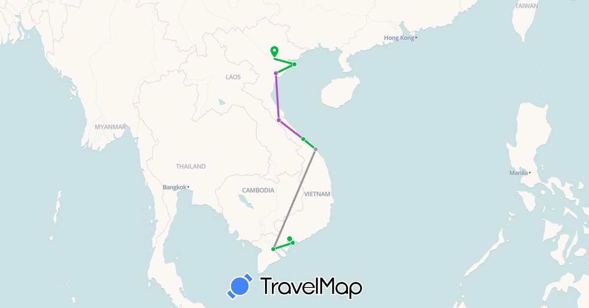 TravelMap itinerary: bus, plane, train in Vietnam (Asia)